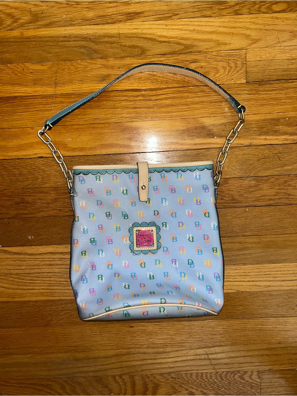 Dooney & Bourke Light Blue Monogram Shoulder Bag with Multicolor Accents